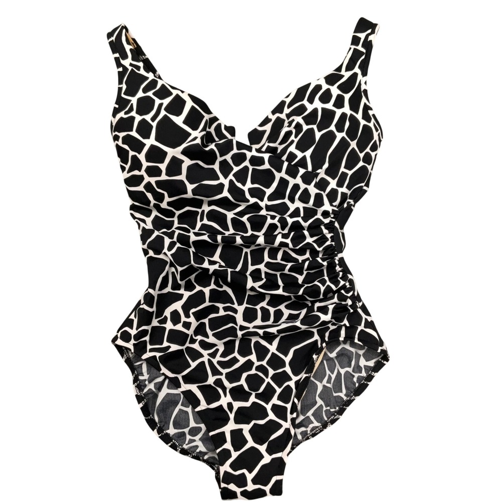 Miraclesuit 1 Piece Swimsuit Women 12 Black White‎ Giraffe Ruched